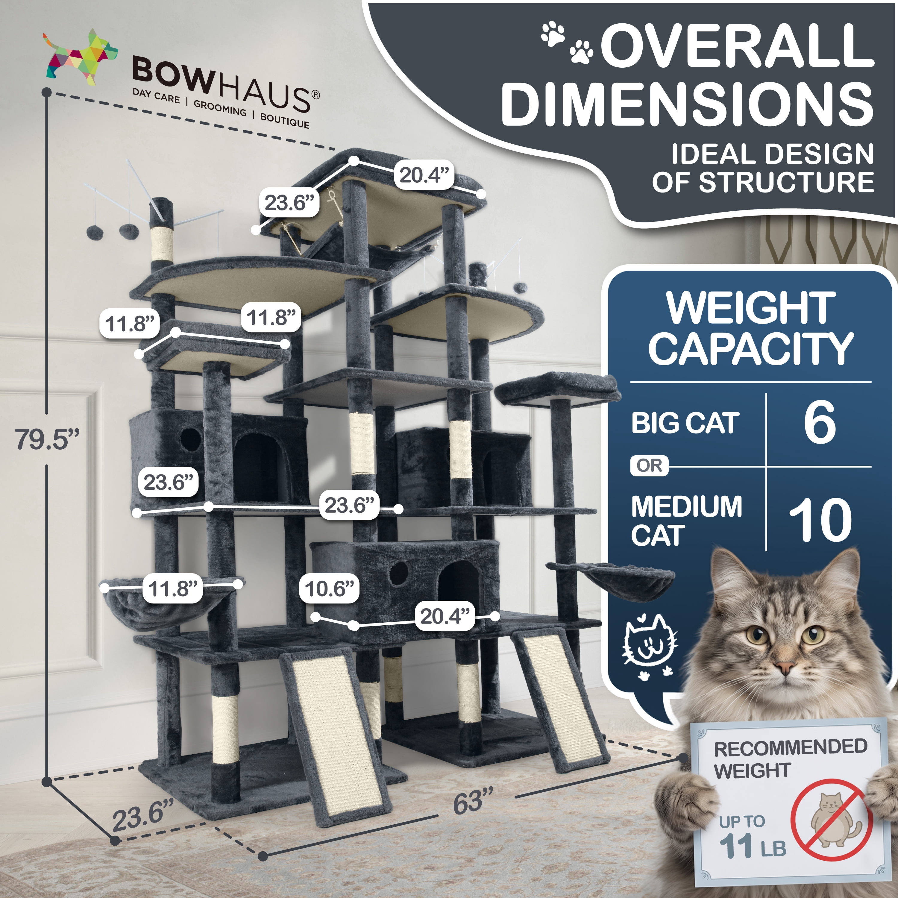 CAPHAUS Extra Large 80-Inch Tall Cat Tree w/Widened Perch for Large Cats, Big Cat Tower Indoor, Modern Multi-Level Activity Tower with Scratching Posts, Condos, Baskets, Hammock, Scratching Ramps
