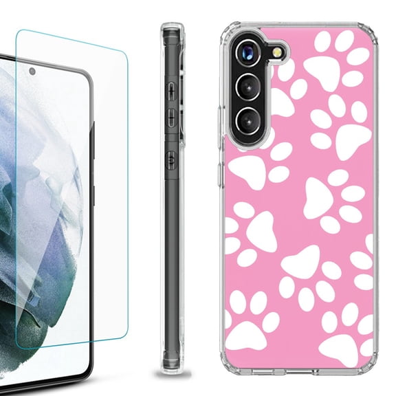 Shockproof Bumper Phone Case for Samsung Galaxy S23 5G, with Tempered Glass Screen Protector, by OneToughShield ® - Pet Paw/ Pink