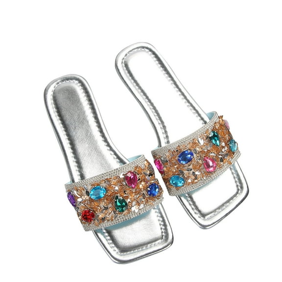 AnuYalue Sparkly Slides Sandals,Women's Glitter Rhinestone Metallic Slide Sandals Square Open Toe Flats Dressy Slide Cute Vacation Sandals