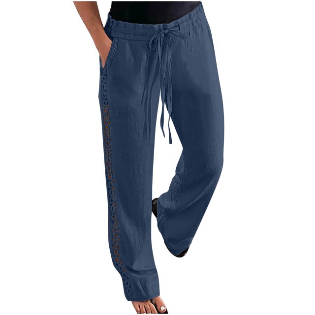 Pantalons en Lin pour Femmes Décontractés Amples Jambe Droite pour Femmes Taille à Cordon Pantalons d'Été avec Poches