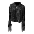 thumbnail image 2 of Chaqueta con flecos de lentejuelas, abrigo de solapa con purpurina de manga larga, cárdigan abierto por delante para vacaciones, festivales de música, negro Yinane Chaqueta de lentejuelas para mujer, 2 of 7