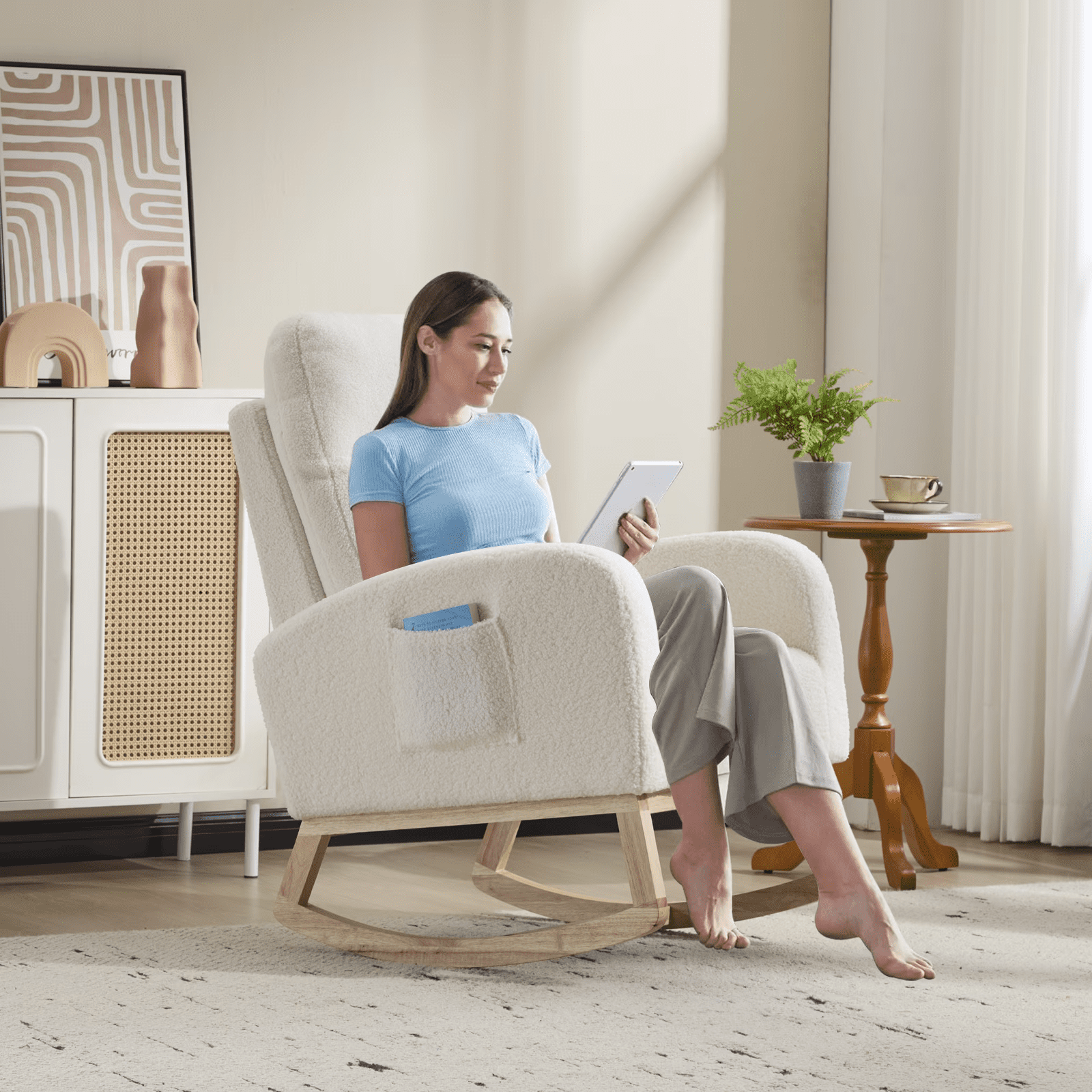 Modern Bouclé Rocking Chair for Nursery, Upholstered Glider Accent Chair with Wooden Base, High Back Support, Comfy Padded Seat, 300 lbs Capacity – Cream White