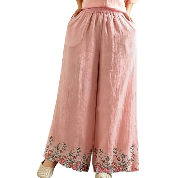 TEAJOPSUU Oversized Wide Leg Pants for Women Plus Size Flowing Elastic Waist Embroidery Pocket Pants Loose Solid Casual Palazzo Pants Pink