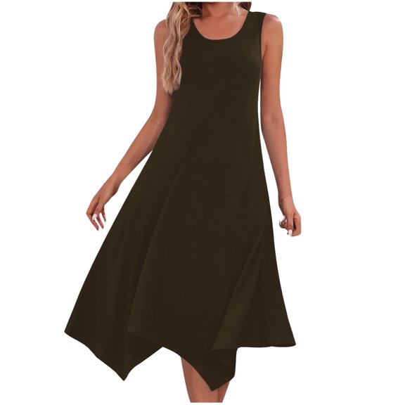 gakvbuo Summer Tank Dress For Women Maxi Dress Sundress Womens Dresses Sleeveless Round Neck Drawstring Casual Ruffle A-Line Mini Dress