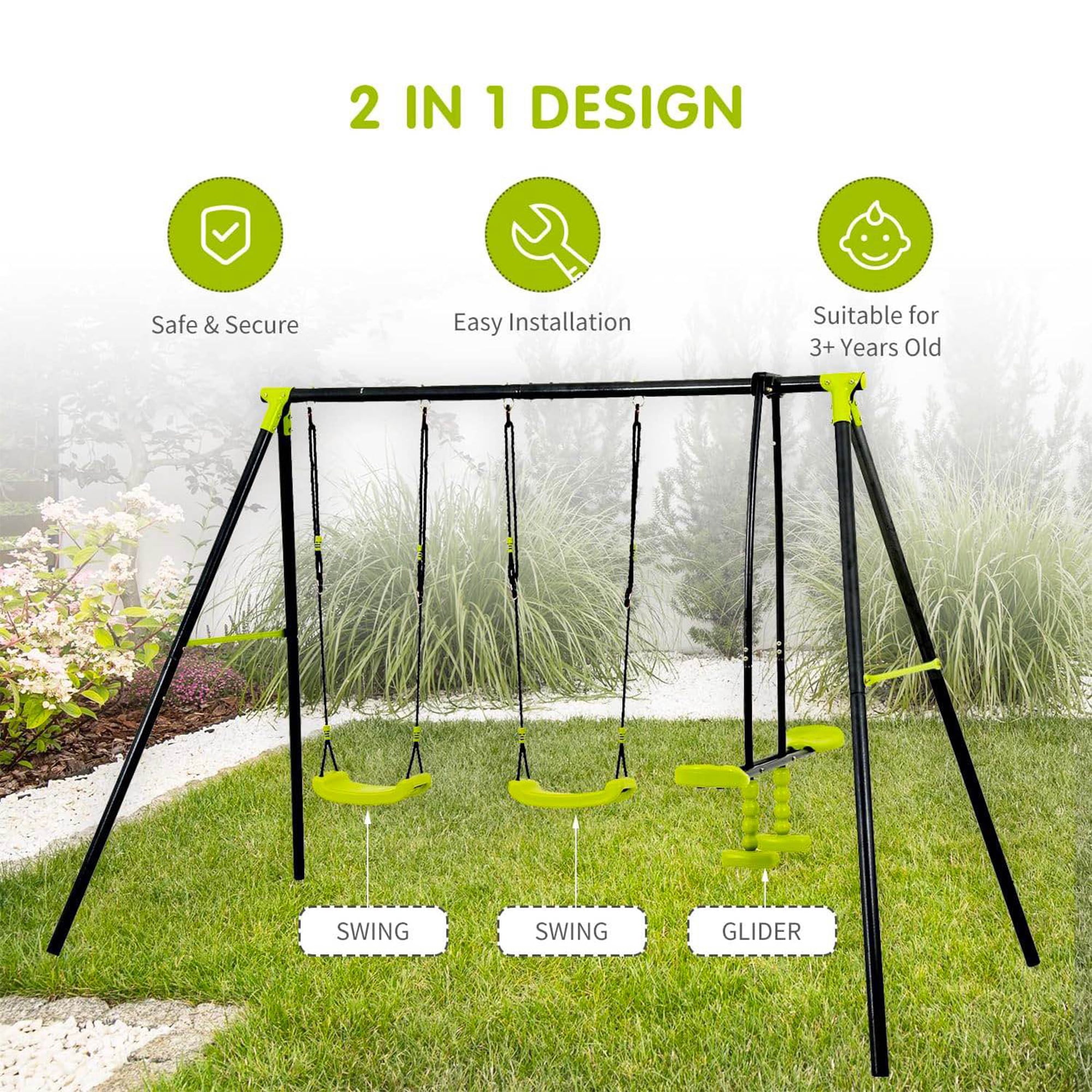iYofe Swing Set for Backyard Outside, Kids Toddler Metal Swing Sets with Glider, Monkey Bar Swing, Play Set Swings, Outdoor Playground Playset for Ages 3-8