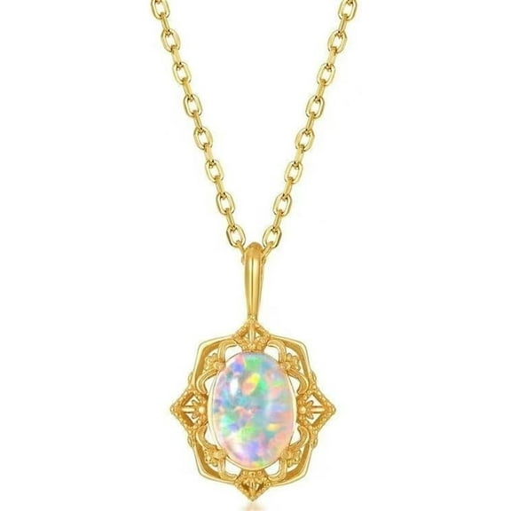Opal Oval Necklace,925 Sterling Silver Plated 14K Gold Opal Gemstone Necklace