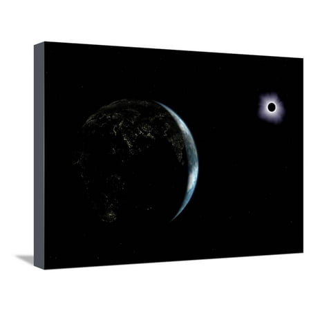 Illustration of the City Lights on a Dark Earth During a Solar Eclipse Stretched Canvas Print Wall Art By Stocktrek