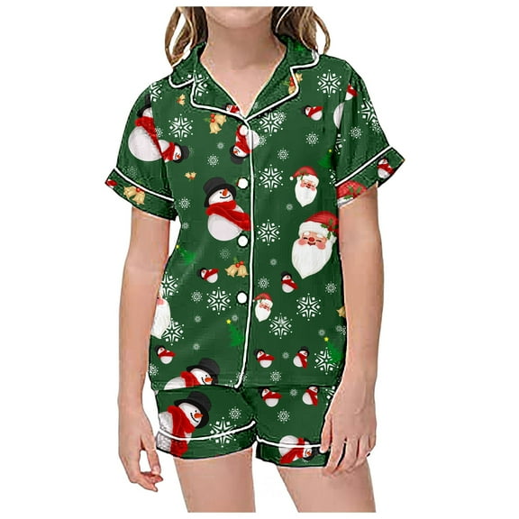 Xdzjlr Girls Christmas Loungewear Children Casual Xmas Print Button Down Lapel Short Sleeved Tops Shorts Set Homewear Kids Sleepwear Pjs Green