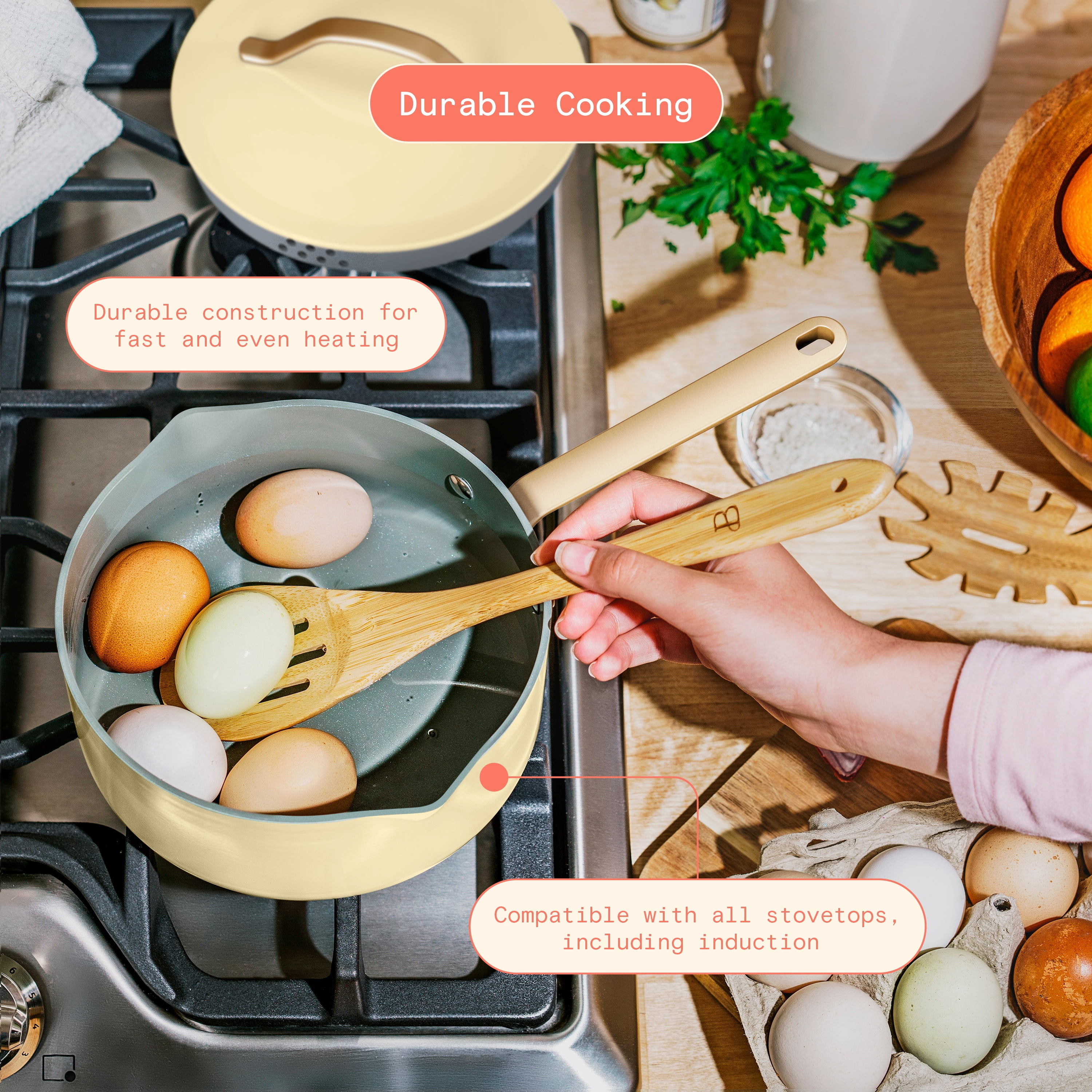 Beautiful 12-Piece Ceramic Nonstick Cookware Set, Pots and Pans with Strainer Lids, Buttercream by Drew Barrymore