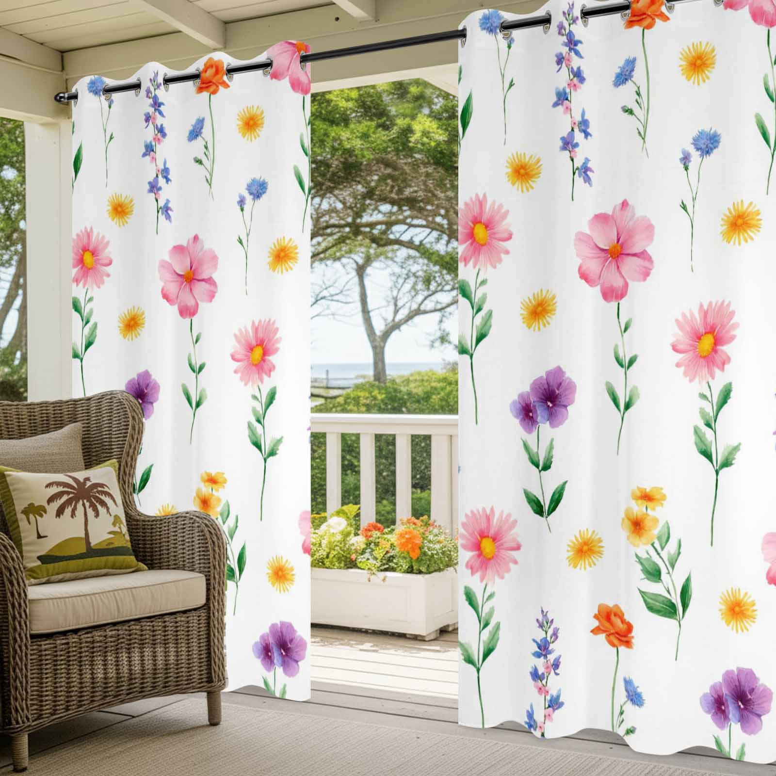 Spring Summer Wildflowers Outdoor Curtains for Patio, Pink Green Yellow Floral Sunshade Privacy Drapes Grommet Waterproof Outside Curtains for Porch/Cabana/Balcony 54"x 95", 2 Panel
