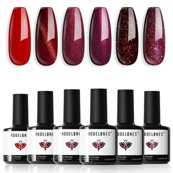modelones Gel Nail Polish Set, 6 PCS Red Burgundy Purple Glitter Gel Polish Colors Cat Eye Chameleon Shimmer Soak OFF LED Nail Art Gel Nail Kit Manicure Salon DIY Nails Gift