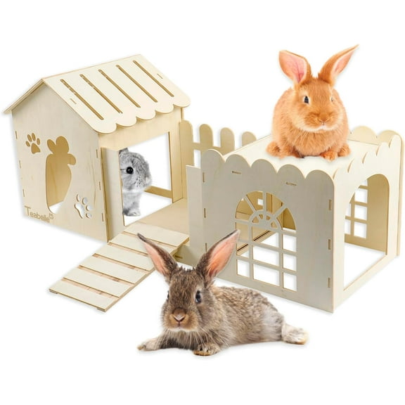 Large Rabbit Wooden Hideout House, Multi-Chamber Small Animal Wooden Castle Cage, Bunny Playhouse Habitat Decor Tunnel for Dwarf Rabbit Guinea Pig Chinchilla Hedgehog Squirrel