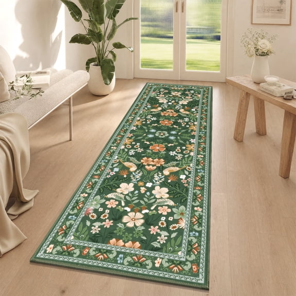 Findosom 2'x6' Washable Runner Rug for Hallway,Non Slip Floral Laundry Runner Rugs,Low Pile Faux Wool Floor Mat Stain Resistant Carpet Runner Rug for Bedroom Kitchen Living Room Entrance,Green