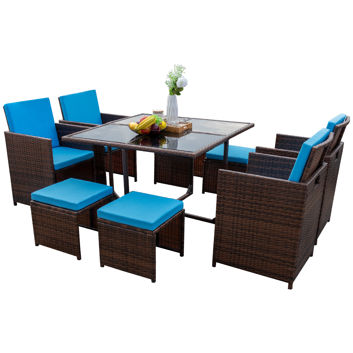 Lacoo 9 Pieces Patio Dining Sets Outdoor Furniture Patio Wicker Rattan Chairs and Tempered Glass Table Sectional Set Conversation Set Cushioned with Ottoman (Blue) - image 2 of 3