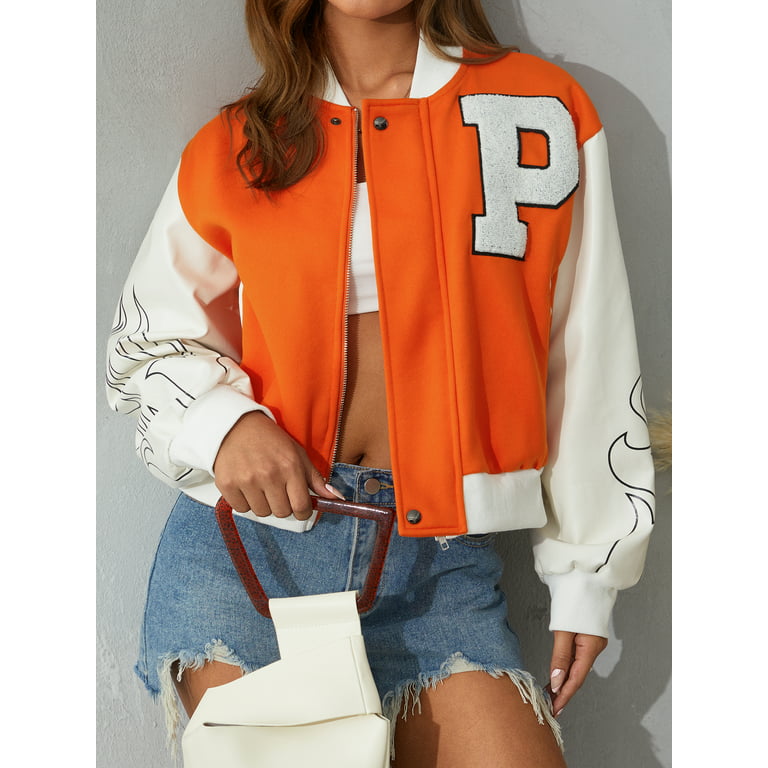 Women Cropped Varsity Jacket Colorblock Letterman Baseball Jacket Y2K Streetwear