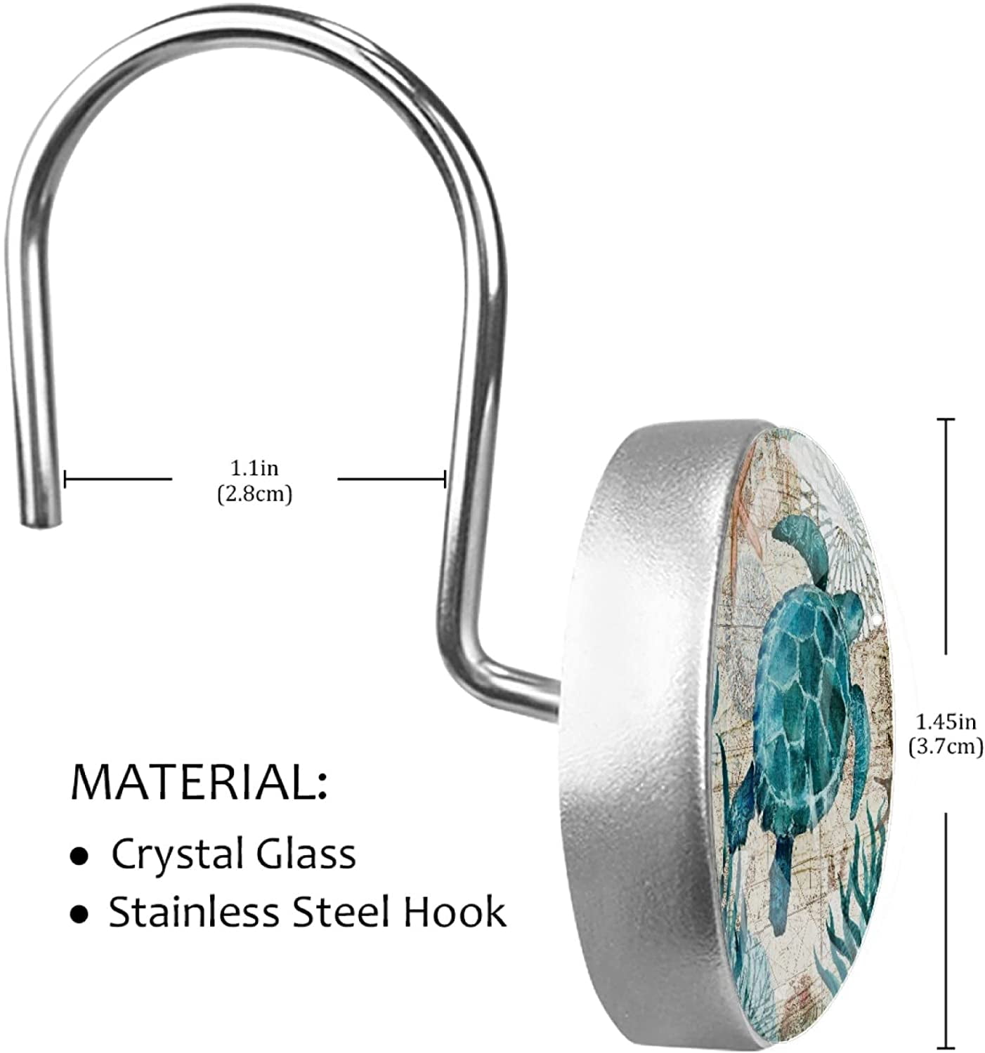 12pcs Ocean Turtles Shower Curtain Hooks, Retro Turtles Decorative Shower Curtain Hanger Rings Roller, Stainless Steel Round Shower Rings Hangers for Bathroom