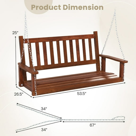 Resenkos Porch Swing, 2-Person Wooden Outdoor Porch Swing with 500 lbs Weight Capacity-Brown, Hanging Outdoor Porch Swings for Garden, Backyard