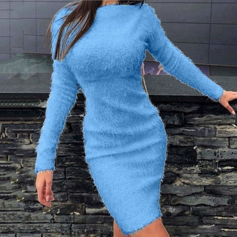 Fusipu Women Dress Long Sleeve Solid Color Round Neck Tight Waist Slim Fit  Autumn Winter Sweater Dress for Daily Wear - Walmart.com