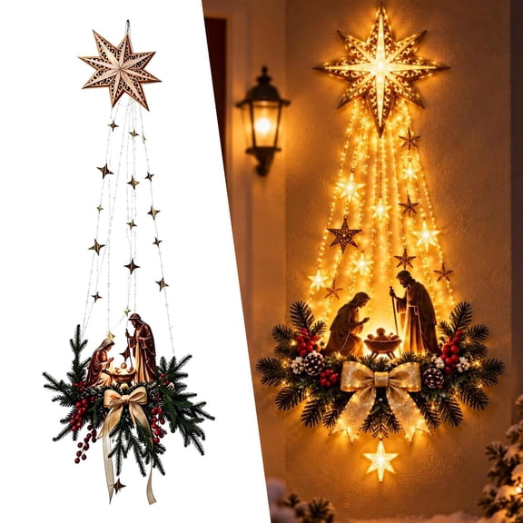 Nativity Scene Wall Decor, Lighted Christmas Hanging Ornament with Warm LED Glow, Door Hanger for Indoor Window Entryway Porch and Mantle