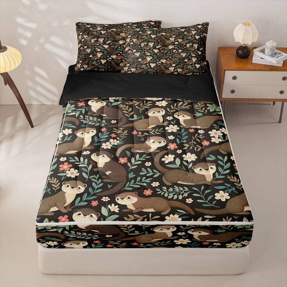 Manfei Vintage Otter Flower Zipper Twin Comforter Sets with Fitted Sheet and 2 Pillowcases for Kids Boys and Girls, Animal Print Zipper Bedding Set, Black Reversible, 4pcs