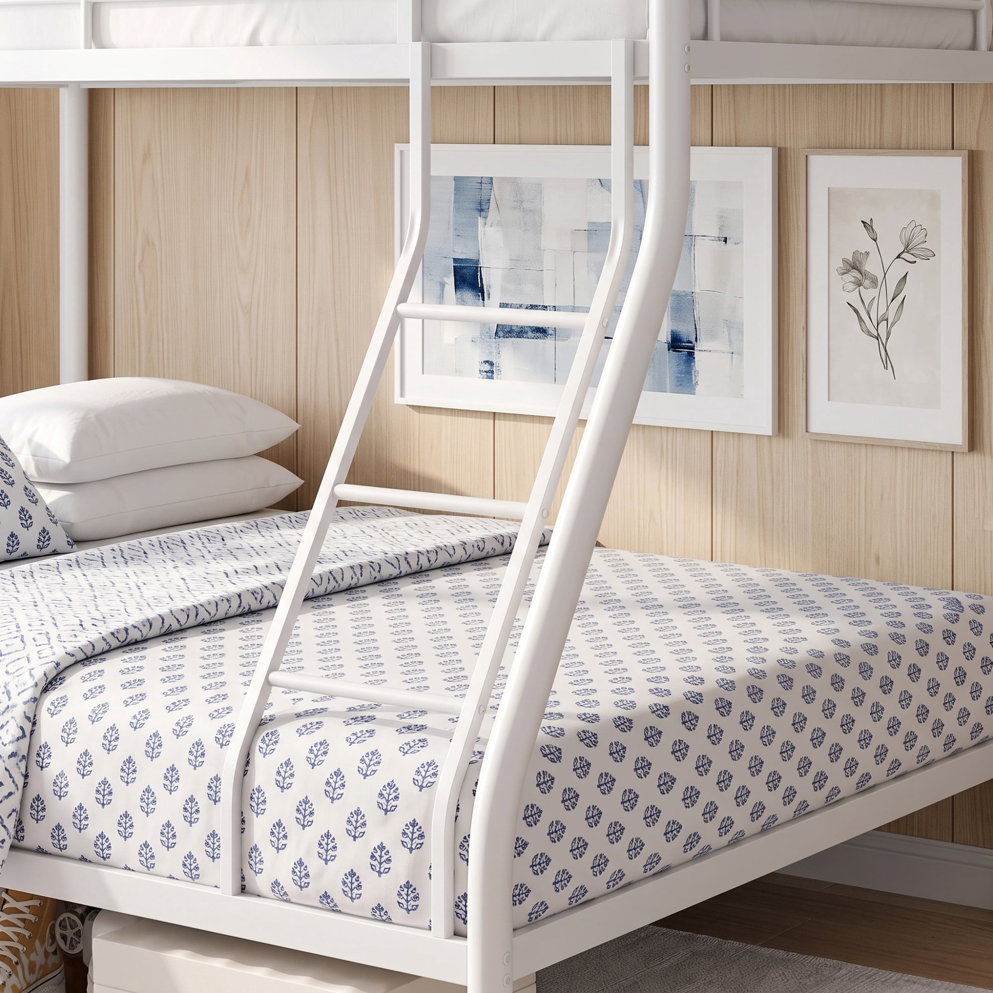 GARITIN Twin Over Full Bunk Bed and Sturdy Metal Bed Frame, Space Saving Bunk Bed with Safety Guardrails and Ladder for Teens Adults Kids and Shared Rooms, No Box Spring Needed, White