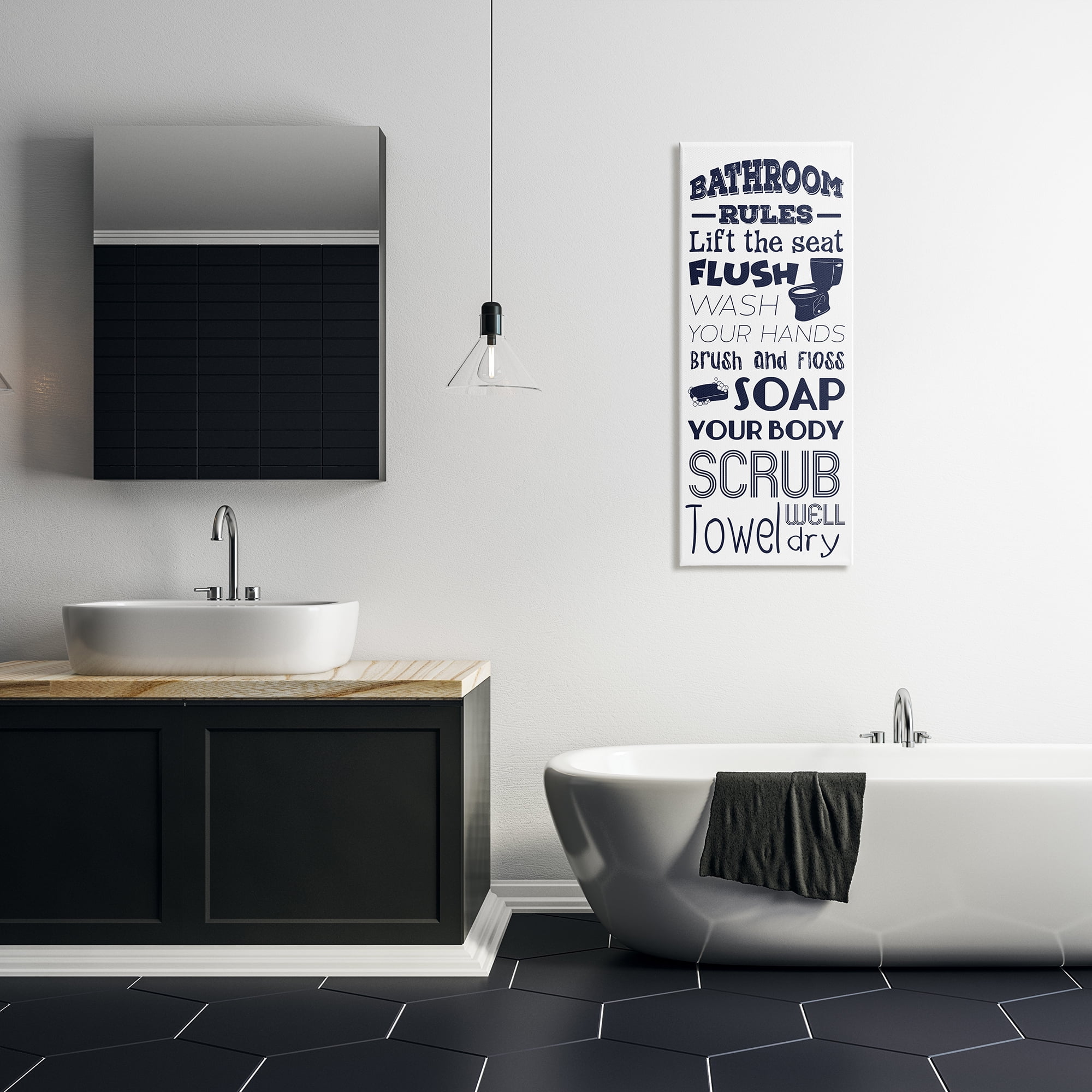 Stupell Industries Bathroom Rules Sign Navy Blue Toilet Bubbly Soap, 17 x 40, Designed by Marcus Prime
