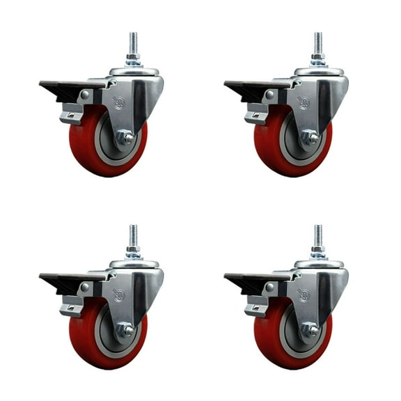 3.5 Inch Red Polyurethane 3/8 Inch Threaded Stem Caster Set with Brake