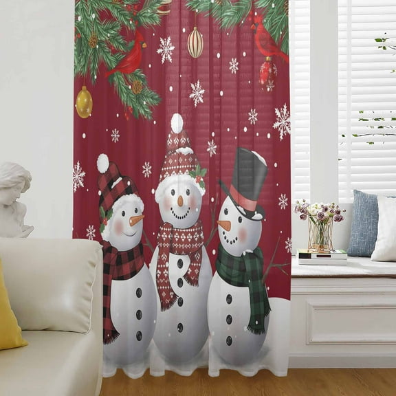 Christmas Snowman Semi Sheer Curtains Drapes for Living Room,Bedroom,French Doors Window 108 Inches Long,Red Xmas Pine Branch Snowflake Red Birds Rod Pocket Chiffon Curtain Voile Drapery Panel
