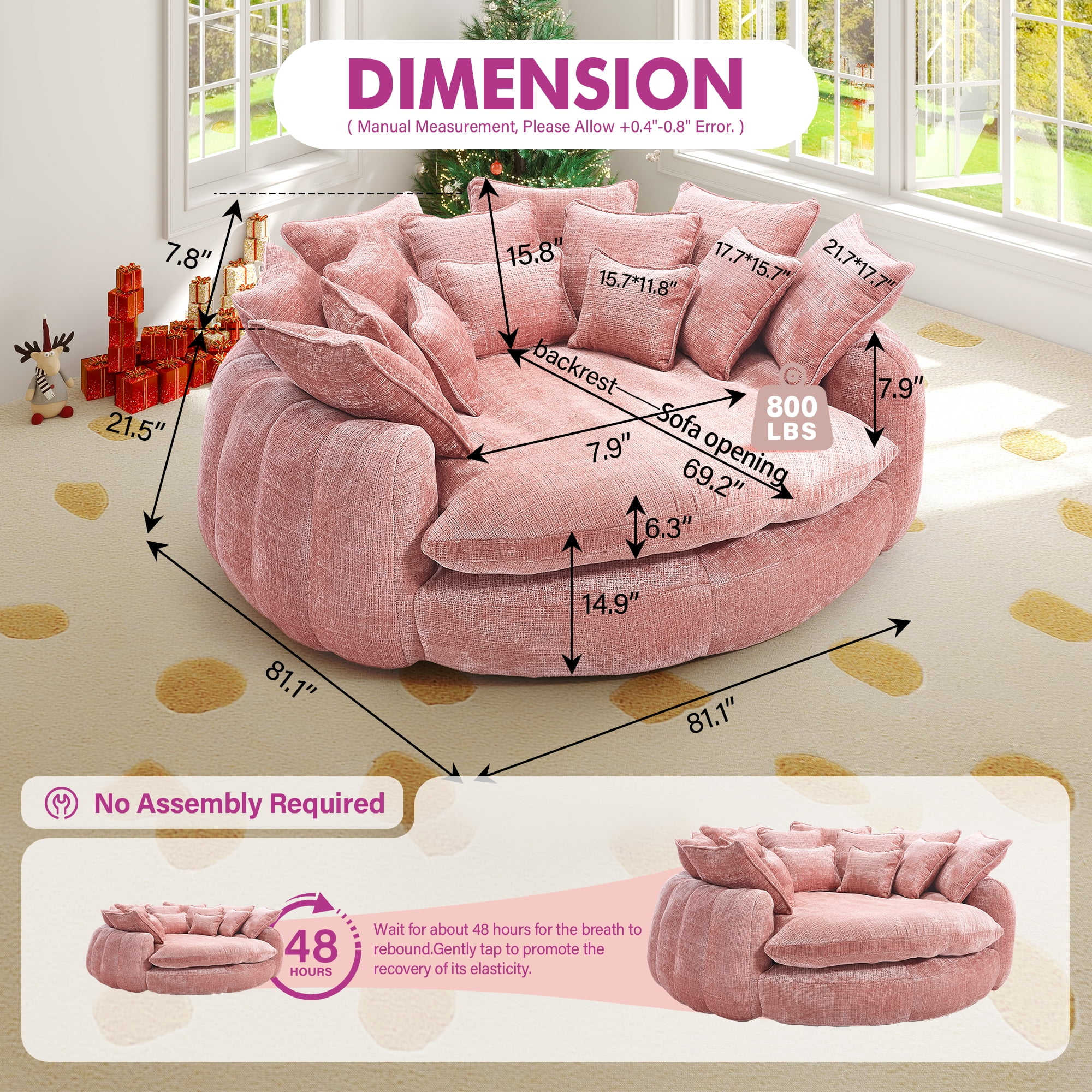 Aukfa 81" Oversized Round Chaise Lounge Sofa Bed, Modern Chenille Cloud Couch with Deep Seat, 14 Pillows, Assemble-Free, Pink