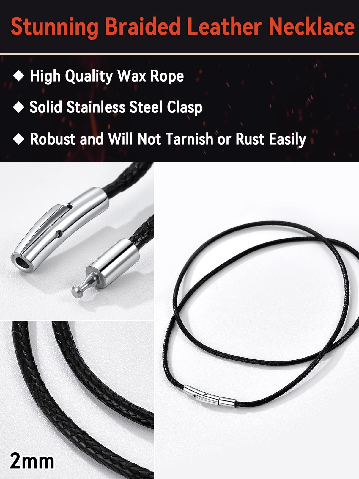 FaithHeart Braided Leather Cord Necklace for Men Women Stainless Steel Snap Clasp, 2MM Waterproof Black Woven Wax Rope Chain for Pendant Jewelry Gift for Son Graduation