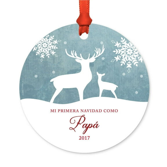 Spanish Family Metal Christmas Ornament, Mi Primera Navidad Como Papá 2017, Includes Ribbon and Gift Bag