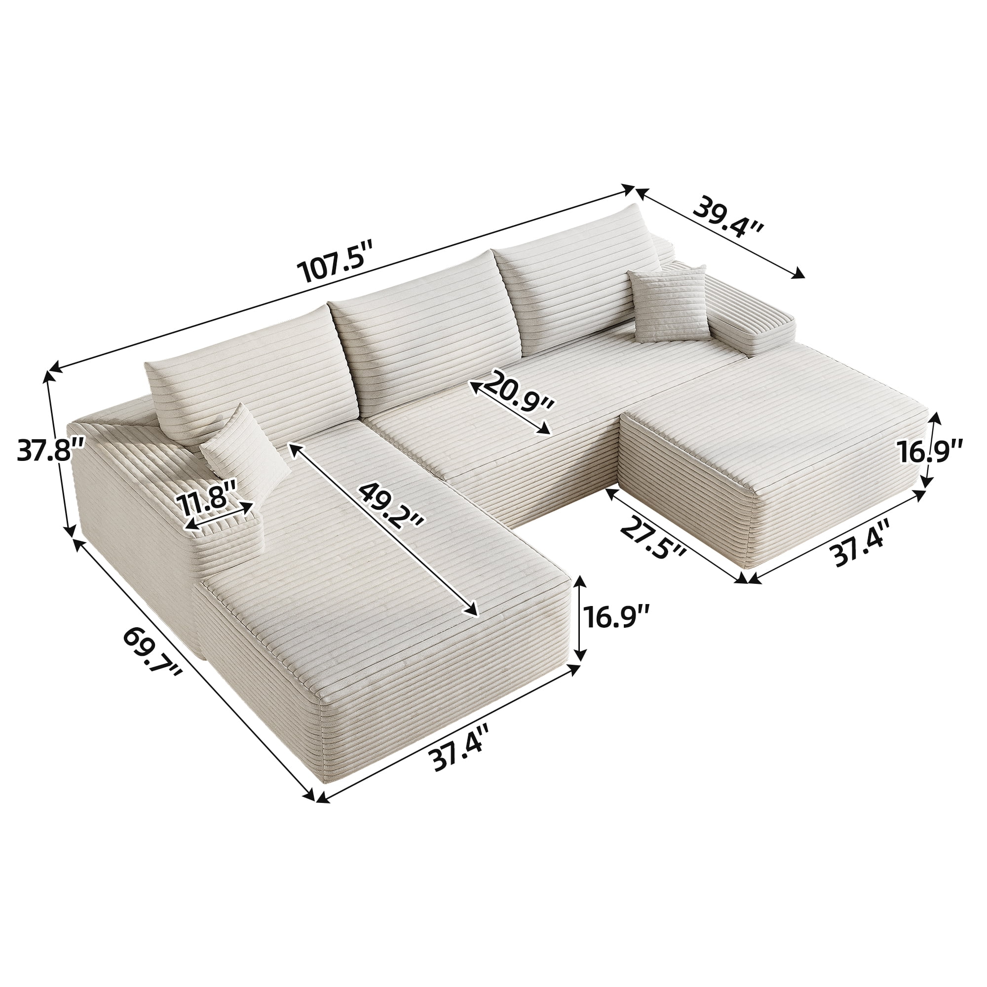 MAYEERTY 107" Cloud Sectional Sofa with 1 Ottoman, Modern Minimalist U-Shaped Deep Seat Couch, No Assembly Plush Corduroy Fabric, White (3 packages)