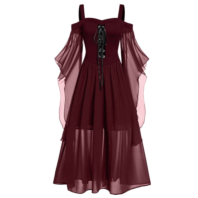 NMMUED Robes Maxi Robe à Manches Transparentes Robes de Mascarade pour Femmes Robe Victorienne pour Femmes Costume Renaissance Femmes Tenues Gothiques pour Femmes Robe de Fête de Mascarade Bordeaux 5TG