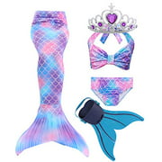 Feeyakie Swimmable Mermaid Tails for Swimming with Monofin Swimsuit Costume Cosplay Bikini Sets Girls Kids Cospaly Gift Purple