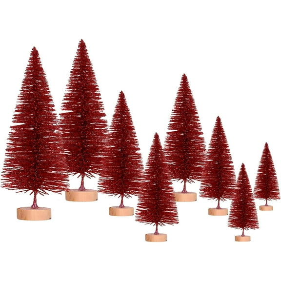 Minzimin 8Pcs Bottle Brush Trees Artificial Mini Christmas Tree Sisal Snow Frost Trees with Wooden Base Miniature Pine Tree Winter Crafts Ornaments for Xmas New Year Party Home Table Decorations