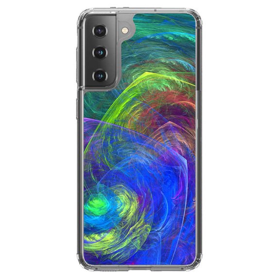DistinctInk Clear Shockproof Hybrid Case for Galaxy S21  PLUS 5G (6.7" Screen) - TPU Bumper, Acrylic Back, Tempered Glass Screen Protector - Abstract Color Light Swirl - Abstract Swirls