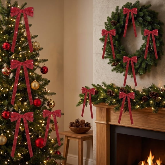 Christmas Glitter Double Ear Bow Ornaments Hanging Decorations for Tree Wreath and Garland