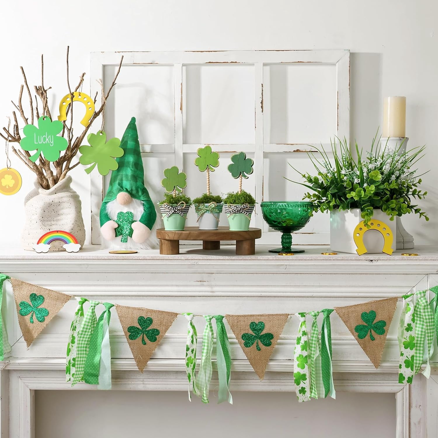 3pcs Lucky Shamrock Artificial Potted Plants, Wooden Sign on Stand, Fake Moss Freestanding Wood Table Decorations, St. Patrick's Day Decor for Gift, Desk, Party, Home