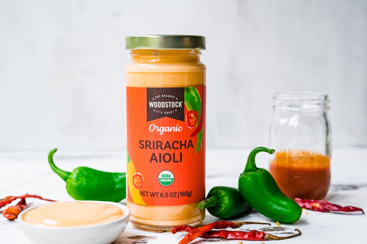 Woodstock Foods Organic Sriracha Aioli, 6.5 oz Jar, Allergens Not Contained.