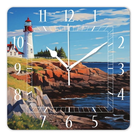 12 Inch Wall Clock Battery Operated Square Clock Decorative for Office, Kitchen, Outdoor, Living Room，Lighthouse Blue Sky Lovely Art