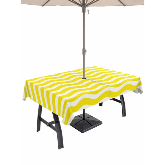 Outdoor Tablecloth with Umbrella Hole, Yellow Moire Spillproof Waterproof Outdoor Table Cover, Water Ripple Stripe Farmhouse Patio Tablecloths for Party Picnic Camping, Rectangle 52"x70"