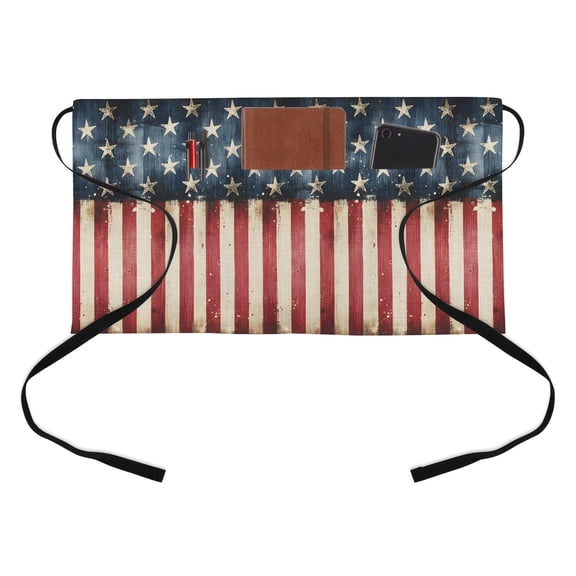 Retro American Flag Kitchen Restaurant Half Waist Apron, 4th of July Independence Day USA Flag Server Short Apron with 3 Pockets Waterproof Oil Waist Aprons for Women Waitress Waiter