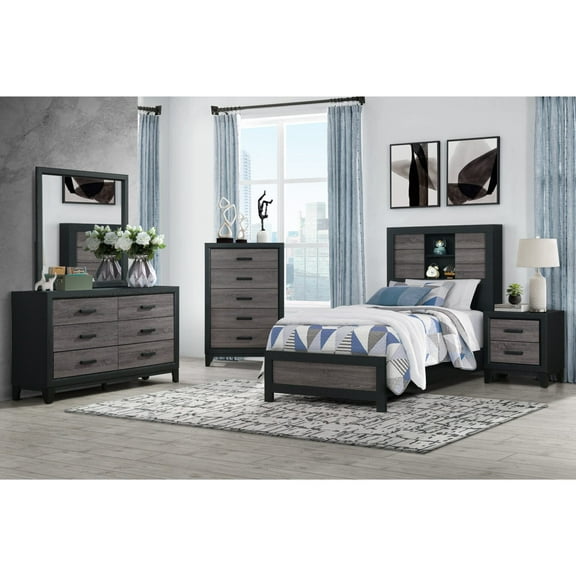 BOOKCASE TWIN BED, DRESSER, MIRROR AND NIGHTSTAND
