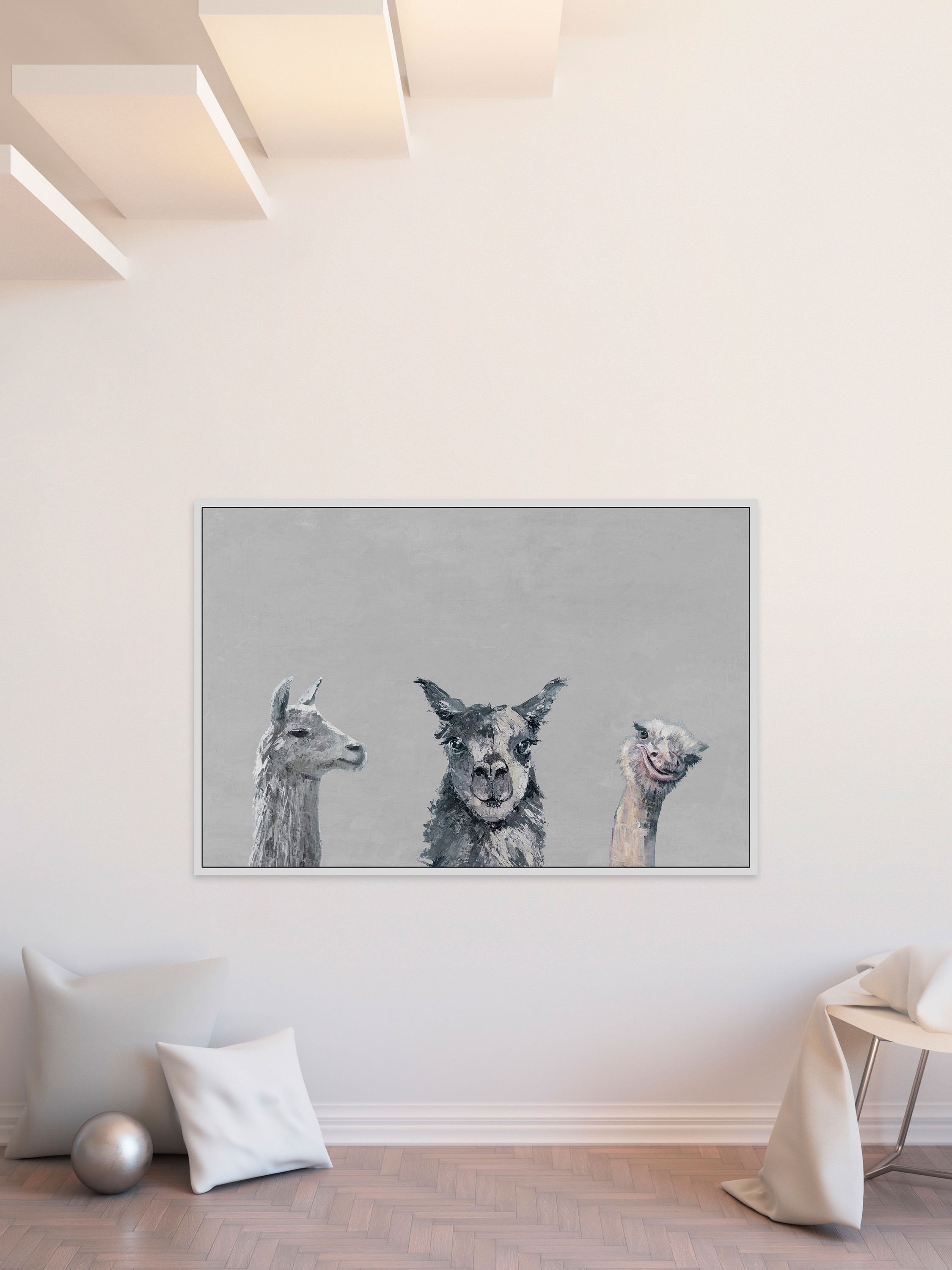 Llama and Ostrich Groove in Gray Floater Framed Painting Print on Canvas