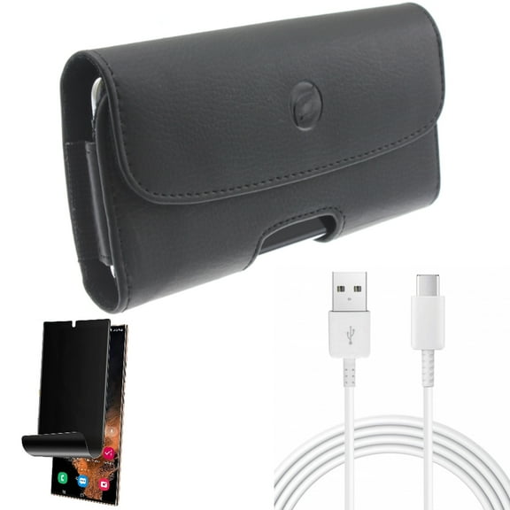10ft USB-C Cable & Case Belt Clip & Privacy Screen Protector for Samsung Galaxy S22 Ultra (6.8") - Combo Type-C Charger Cord Power & Leather Holster Cover & TPU Film (Fingerprint) Anti-Peep