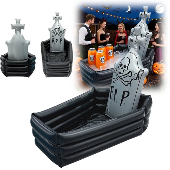 Halloween Inflatable Coffin Drink Cooler,Tombstone Beverage Ice Chest With Skull & Zombie Details, Pvc Inflatable Serving Bar For Indoor Outdoor Party, Pool & Home Decor 27.6" New