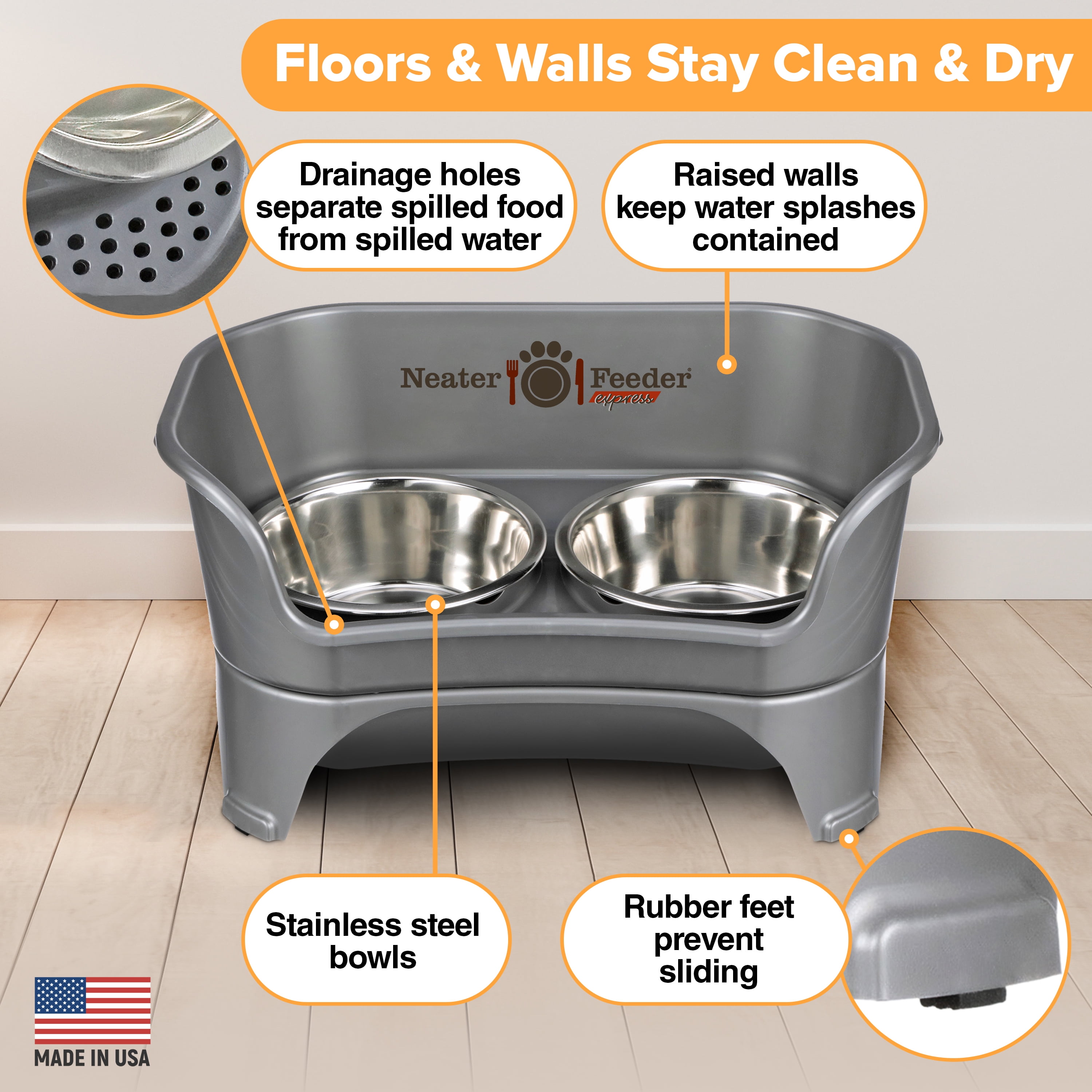 Neater Pets Neater Feeder Express Mess-Proof Elevated Food & Water Bowls for Medium to Large Dogs, Gunmetal