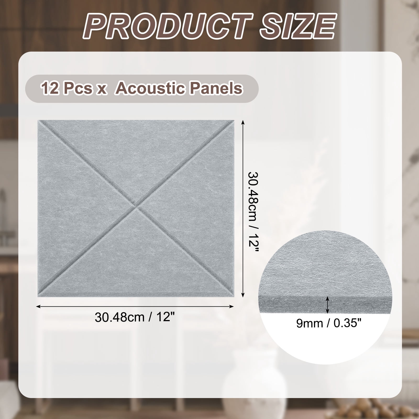 12pcs Adhesive Acoustic Panels Square High-Density Sound Proof Felt Self Stick Non-Slip Anti Vibration Pads Anti-Skid Noise 12 Inch Long x 0.39 Inch Thick, Moon Gray