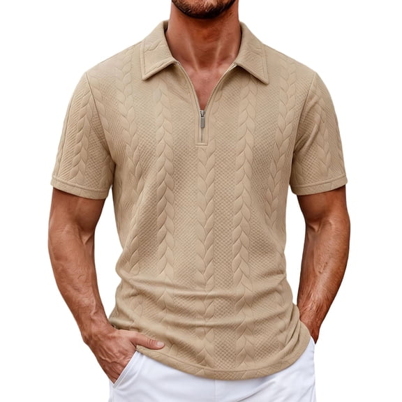 Uwinwear Mens Knit Polo Shirts Solid Color Short Sleeve Textured Polo Shirt Quarter Zip Collar Tee Casual Stretch Summer Golf Tops,Khaki,XXXL