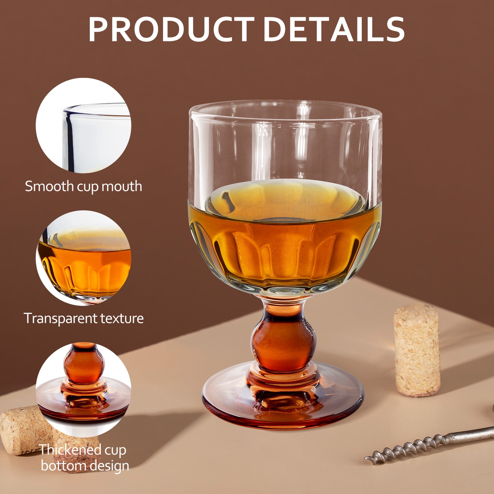 Funxee Cocktail Glasses Set of 4- Glassware for Kitchen, Vintage Wine Goblets, Whisky Stemware- Elegant Barware for Dinner Party, Wedding, Restaurant (6.7 oz, Brown)